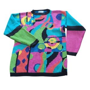 Vintage Reference Point Petites Abstract Geometric Knit Sweater Multicolor Small
